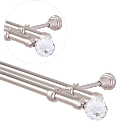 Gardinenstange 320 cm für Wandmontage, Vorhangstange 19 mm 2-läufig Chrom Matt, Gardinenstangenset mit Kugel Kristall