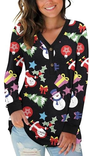 AUSELILY Women's Long Sleeve Tops V-Neck Jumpers Causal Button Down Sweatshirts Loose Henley T Shirt Blouse(Christmas Snowman,XL)