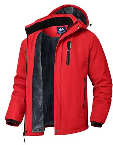 Rdruko Giacca da sci invernale da uomo, da snowboard, in pile caldo, imbottita, impermeabile, funzionale, da uomo, per attività all'aria aperta, con cappuccio, Colore: rosso, XXL
