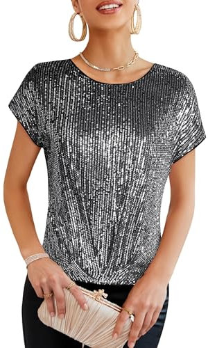 GRACE KARIN Ladies Frühling Sommer Herbst Winter Elegant Rundhalsausschnitt Glänzendes Pailletten Top Übergröße Slim Fit Shirt Silber-Schwarz XL