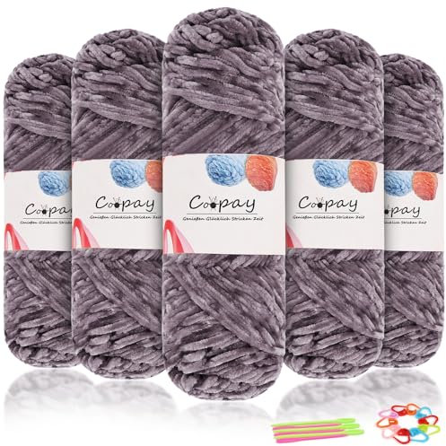 Coopay Samt Chenille Wolle zum Häkeln, 500g (5x100g) Velvet Chenillegarn, Dicke Wolle zum Stricken, Flauschige Weiche Samtig Chenillewolle mit Häkelzubehör für Schals, Decken - Grau Rosa