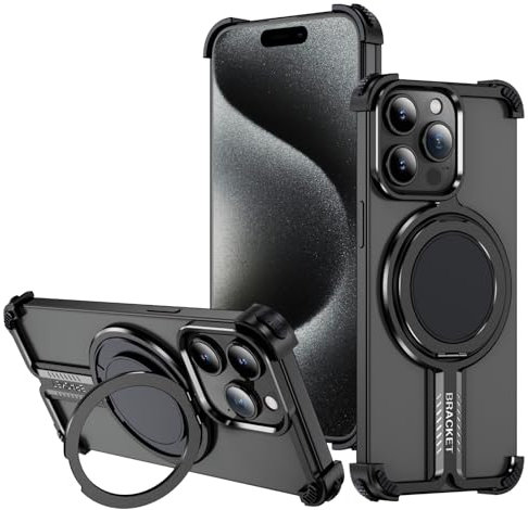 Sibada Minimalist Frameless Case for iPhone 15 Plus, Bumper, Compatible with MagSafe, 360° Rotating Ring Stand, Hard, Shockproof Aluminium Alloy Mobile Phone Case (2024) 6.7 Inch - Black