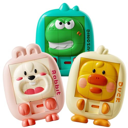 Fullware 3D Slide Puzzle Fine Motor Skills Toys for 3 4 5 Year Old Brain Teasers Travel Toys for Toddlers on Plane Birthday Gift for Boys Girls Cartoon Animals Puzzle for Kids(3 Pack)