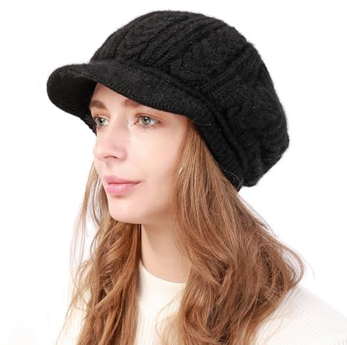 AIDIER Damen Winter Warme Strickmütze mit Visier Krempe Baskenmütze mit Weichem Dickes Gefütterte Klassisch Gehäkelte Mütze Frauen Strick Ballonmütze Slouchy Wintermütze Fleece Mütze für Damen