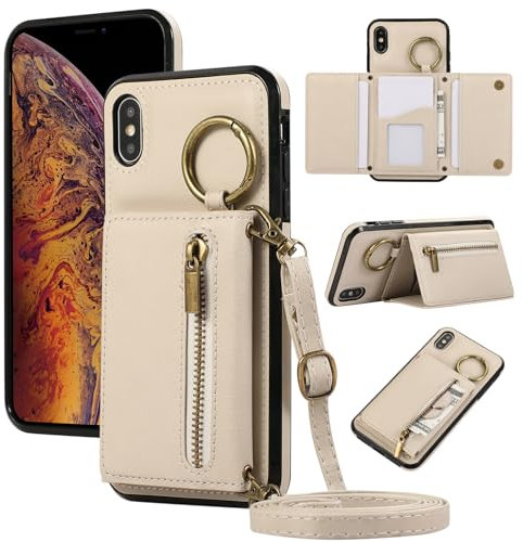Blapinred for iPhone Xs Max Crossbody Case Wallet with Card Holder Strap for Women, Shoulder Lanyard Cell Phone Wallet Case Zipper Leather Purse Ring Holder Stand for iPhone Xs Max - White