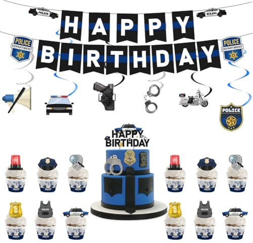 Police Birthday Party Decorations, Police Theme Happy Birthday Banner Hanging Swirls Cake Cupcake Toppers for Cop Sheriff Police Cars Party Decoration Set Women Men Policeman Party Supplies