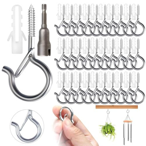 30Pack Q Hanger Screw Hooks, 2.2inch Screw in Cup Hooks for Hanging with Safety Buckle, Windproof Hooks for Outdoor Lights with Drill Bit Cup Ceiling Hooks for Plants Fairy Lights Bird Feeder (Silver)