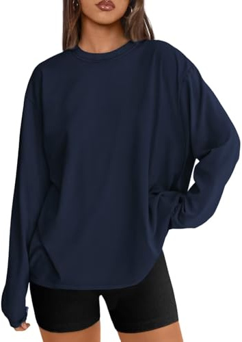 LACOZY Oversized Long Sleeve Baseball Tshirt Womens Round Neck Simple Solid Color Tunic Tops Loose Fit Nave Blue M