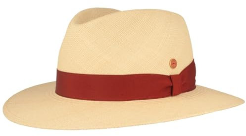Mayser Orginal Panama-Hut | Stroh-Hut | Sommer-Hut aus Ecuador –Traditionell Handgeflochten, UV-Schutz 80, Wasserabweisend, Bruchschutz (55, Natur/Rot)