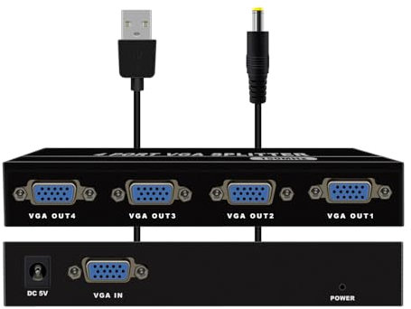 HuaLiSiJi VGA Splitter 1 in 4 Out Monitor VGA Verteiler Box 4 Port Unterstützt Breitwand 1920X1440 150 MHz mit USB zu 5V DC Kabel (Grau)