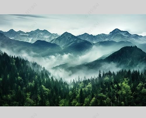 Papier Peint Intissé Nuages ​​​​De Forêt Verte Poster Tableaux Muraux Tapisserie Photo Trompe L'Oeil Salon Chambre Art Mural 400Cm(L) X280Cm(H)