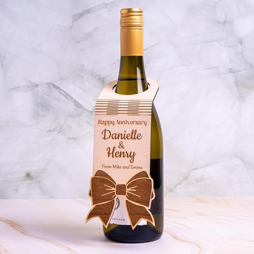 Personalised Wooden Wine Bottle Tag — Custom Engraved Gift Tag for Anniversary, Wedding, House-Warming | Eco-Friendly • UK Made
