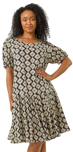 Roman Petite Floral Tiered Smock Dress for Women UK - Ladies Everyday Holiday Spring Summer Round Neckline Comfy Soft Evening Vacation Work Party - Petite Black - Size 8