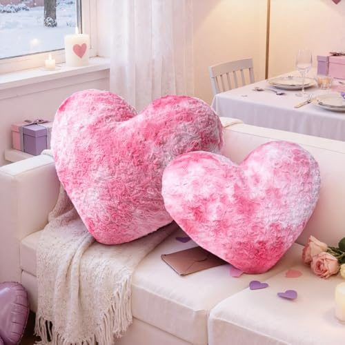 Lanpn 2 Stück Valentinstag Herz Kissen, Rosa-weiß Herzform Kissen Plüsch Herzkissen Love Zierkissen Aesthetic Dekokissen für Geschenk Heim Bett Sofa Valentinstag Dekor (Rosa-weiß, 42x31cm & 36x27cm)
