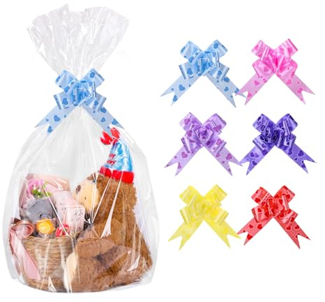 woric 6 Pcs Medium Cellophane Bags for Hampers, 16 x 24in, with Pull Bows | Hamper Wrapping Cellophane Bags for Gift Basket Presents Packaging Wedding Graduation, Tear Resistant, Easy Pull-Bow Closure