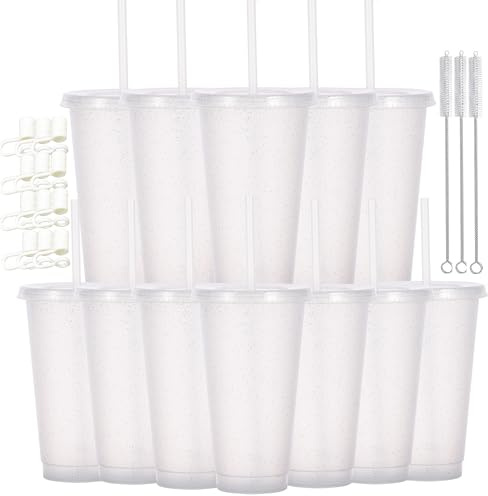 CuppaLifes 12 Pack Reusable Plastic Cups with Lids and Straws, 710ml Cold Tumbler Cups for Slushie and Drinks, Party Cups for Adults Travel Beach Picnic Birthdays (12, Clear Glitter)