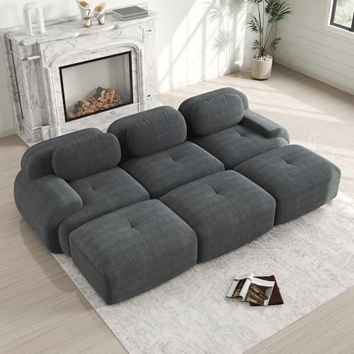 Bladez Modernes 3-Sitzer Cord Sofa Modulares Schlafsofa mit Ottoman Hocker, Ohne Montage, Cloud Polstersofa Couchs kombinierbar, für Wohnzimmer (Grau, 3-Sitzer+3)