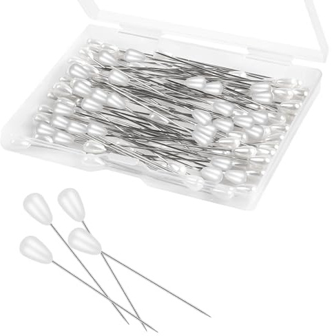 100 Stück Stecknadeln mit Kopf Groß,5.5cm Stecknadeln Lang,Weiß Kunstperlen Nähnadeln,Teardrop Perle Blumenstraußadeln,Perlennadeln zum Nähen Basteln Craft,Hochzeitsdekorationen(Mit Box)