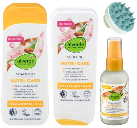 Alverde Nutri-Care 4-teiliges Haarpflege-Set – Shampoo, Conditioner & Haarserum + Bonus Kopfhautbürste