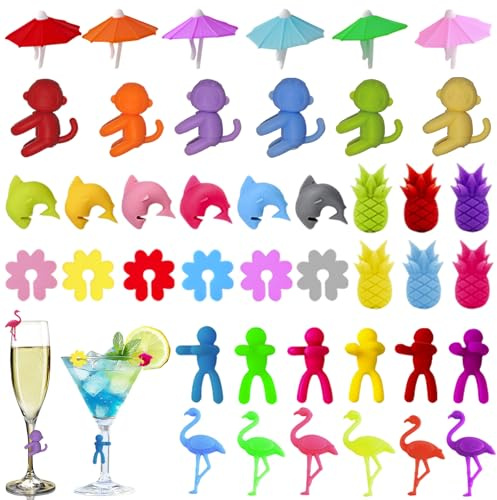42 PCS Marcadores de Cristal de Silicona,Marcación de Cristal para Vasos | Copas de Champán,Marcadores de Silicona para Vasos Adecuados para Decoraciones de Fiestas de Bar como Copas de Vino