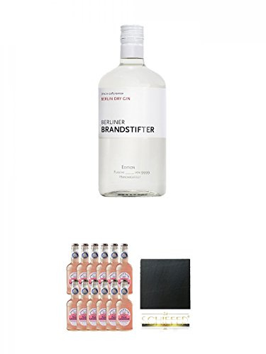 Berliner Brandstifter Dry Gin Deutschland 0,7 Liter + Fentimans Rose Lemonade 12 x 275 ml + Schiefer Glasuntersetzer eckig ca. 9,5 cm Durchmesser