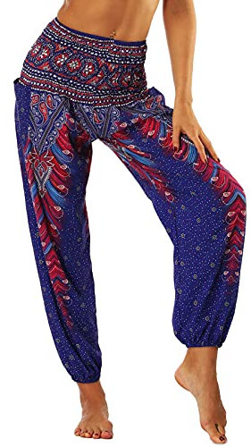 Nuofengkudu Frau Hippie Harems Hose Pumphose Haremshose Aladdinhosen Boho Gemustert Gesmockte Taille mit Taschen Yogahose Freizeithose Sommerhose Strandhose Violett Pfau