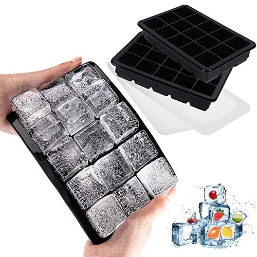 LessMo 15-Fach Eiswürfelform, 2er Große Silikon Eiswürfelbehälter mit Deckel, Stapelbar, LFGB Zertifiziert und BPA Frei, Eiswürfelformen für Babybrei