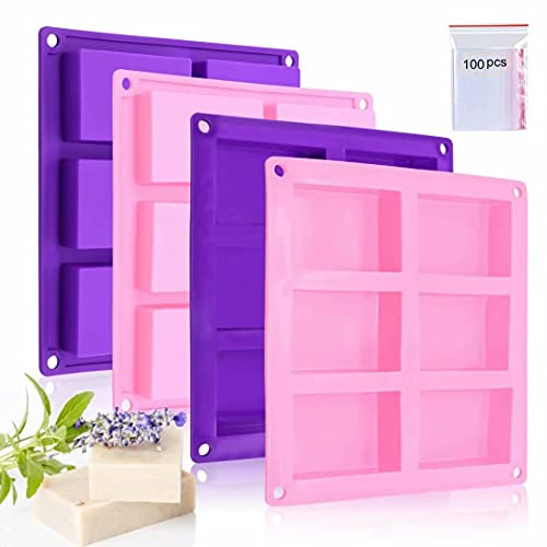 Bangp 4 Stück rechteckige Silikon-Seifenformen, 6 Mulden, handgefertigte Seifenherstellung, mit 100 Stück 8.9x12.7 cm (lila und rosa, 4 Stück)