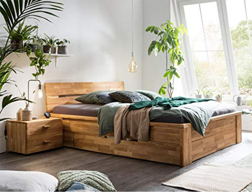 expendio Massivholzbett Cleo 180x200 Wildeiche geölt Schubladenbett + 2X Nachttisch Stauraumbett Doppelbett Ehebett Gästebett Holzbett