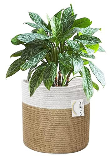 NATTHSWE Plant Basket With Liner, Indoor Woven Plant Pots for 11 Planter Flower Pots Cotton Rope Jute Plant Pot Decoration Foldable Laundry Basket Household Storage Basket
