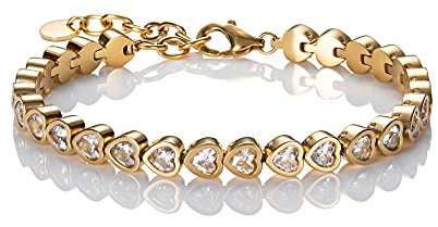 namana Tennis Herz-Armband für Frauen, Gold armband fur Damen, besetzt mit herzförmigen Swarovski-Kristallen, Damenarmband, Gold Armkette für Sie mit Geschenkbox
