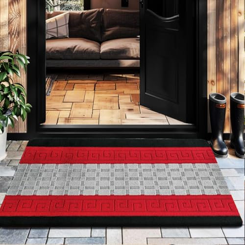 Gel Back Non-Slip Washable Large Entrance Doormat |60 x 110 cm Outdoor and Indoor Dog Muddy Paws Floor Protector, Hallway, Bath and Kitchen - Black Red
