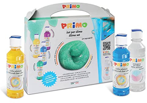 PRIMO - Colla Liquida Trasparente Colorata Ideale per Slime per Bambini +3 Anni, 4 Colle a Colori 240 ml con Dosatore + Attivatore 240 ml, Set Valigetta Cartoleria, Lavoretti Creativi e Découpage