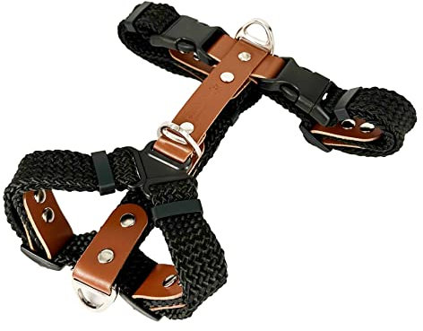 Anti-Zieh Hundegeschirr für Bequemes Gehen und Training, Leder und Nylon, H-Form, Cognac&Schwarz