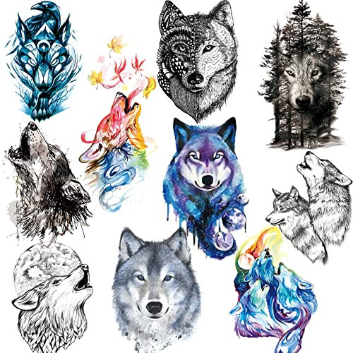 Feelairy 10 Blätter Wolf Tattoo Temporär, Temporäre Tattoo Aufkleber Männer Frauen, Wasserdicht 3D Temporary Tattoo Arm Fake Tattoo Aufkleber Wolf Blume für Erwachsene Kinder