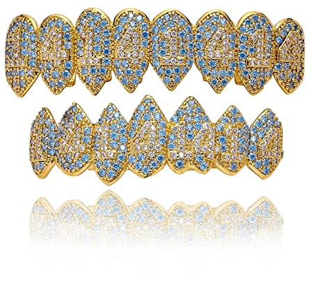 Hip Hop Blau Zirkon Zähne Grillz Top Bottom Tooth Cap Dekor Dental Grills Für Unisex Rapper Schmuck,Gold,Set