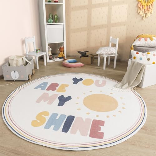 TT Home Babyzimmer Teppich Rund Kinderzimmer Waschbar Regenbogen Sonne, Farbe:Blau Gelb Creme, Größe:120 cm Rund