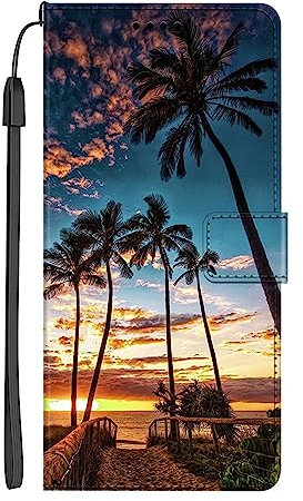 EuoDuo Coque Compatible avec Samsung Galaxy A12 Étui Rabattable Motif Plage Eté Housse Portefeuille Flip Cover Magnétique PU Cuir Pochette Portable Antichoc Protection