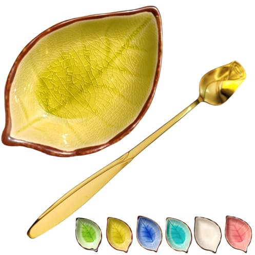 Coffee Spoon and Rest for Coffee Bar Accessories, Leaf Small Spoon Rest for Coffee Station, Tea Spoon Rest Tea Spoon Holder Teaspoon Rest, 1 PC (Ice Cracks Fall Yellow with Gold Rose Spoon)