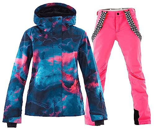 ALSOGO Damen Skianzug Schneeanzug Winddicht Wasserdicht Skifahren Snowboardjacke Trägerhose Set Zum Skifahren Snowboarden Klettern SMNGN+Pink S