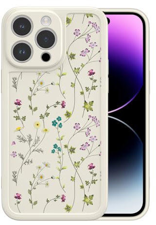 RALEAVO Flower Case for iPhone 14 Pro Max (6.7”), Girls Floral Silicone Shockproof Case Cover with Cute Patterns Protective Case for iPhone 14 Pro Max-Beige