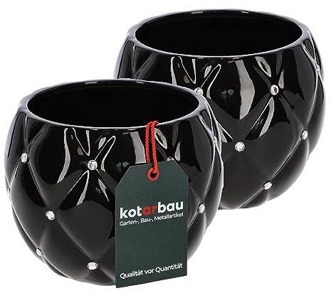 KOTARBAU® 2er Set Glamour Keramik Blumentopf ⌀ 15 cm mit Zirkonen Rund Pflanztopf Schwarz Pflanzkübel Blumenkübel für Zimmerpflanzen Übertopf für Pflanzen Gartentopf