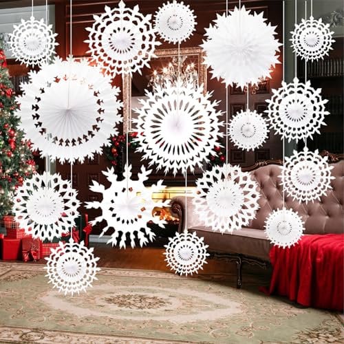 MAINOSHY 16PCS White Paper Snowflakes Reusable Paper Christmas Decorations Paper Hanging Paper Fans Snowflakes Christmas Hanging Decorations for Xmas Winter Home Ceiling Wall Decor