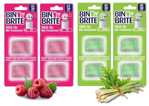 Bin Brite Stick On Bin Freshener Pack of 4-2 x each Berry Blast and Citronella & Lemongrass Scents - 2 x 5g each pack - Total of 8 Stick On Bin Freshener and Odour Eliminator