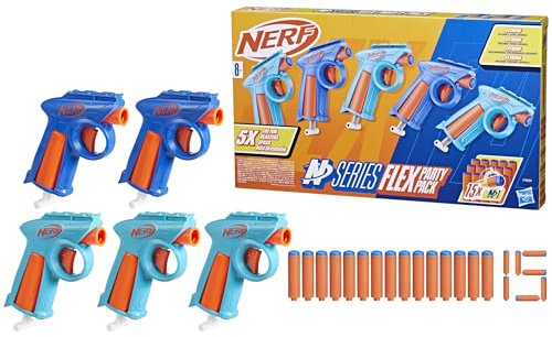 Hasbro Nerf N Series, Party Pack con 5 Blaster Giocattolo e 15 Dardi Nerf N1 Ufficiali, Per Bambini e Bambine da 8 Anni in Su, Blu e Arancione