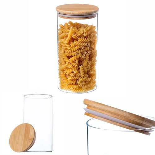 KADAX Glasbehälter mit Bambusdeckel, Spülmaschinenfeste Vorratsgläser, Luft-dichte Vorratsdosen, Aufbewahrungsglas, Aufbewahrungsbox für Spaghetti, Mehl, Müsli oder Kaffee (Rund 1400ml)