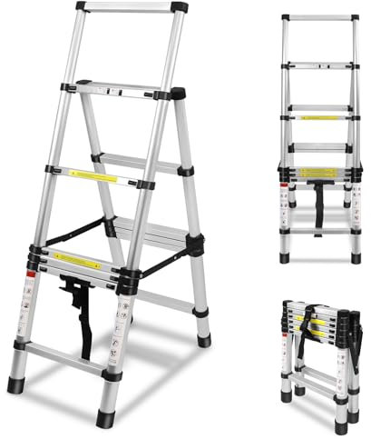 Aufun Escalera Telescópica Escalera Plegable Escalera de Aluminio Antideslizante Escalera Multifuncional Escalera Extensible Escalera de Apoyo Capacidad Máx 150kg (Estructura en A 6 + 7 peldaños)
