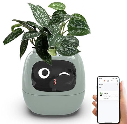 Macetas inteligentes, maceta inteligente con IA, macetas inteligentes con 7 sensores inteligentes, chips AI, pantalla LCD, hora, fecha, visualización del tiempo, control de aplicaciones, hace que ( Co