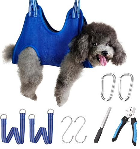 OVTEXZOG Dog Grooming Hammock Harness, Dog Sling for Nail Clipping/Trimming,Pet Grooming Restraint Bag with Nail Clippers Trimmer,Dog Grooming Supplies Kit for Claw Care (X-Small 11LB Max/Blue)
