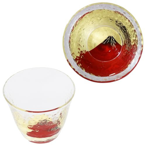 Kasyou Studio Tasse à saké en cristal Fuji rouge (feuille d'or Kanazawa, boîte cadeau), fabriquée au Japon, tasse à saké japonais, verre à whisky, verre de soju de luxe, tasses dorées verres Kasyou